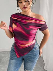 Elenzga Plus Size Women Artistic Gradient Mesh Shoulder T-Shirt, Elegant Printed Holiday Blouse