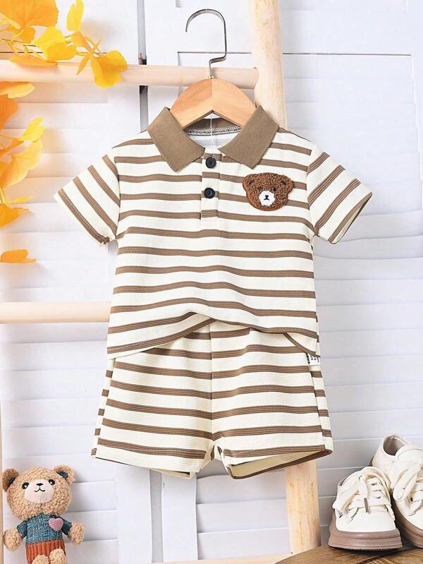 SHEIN Vintaside Kids Set de 2 piezas Camisa polo clásica a rayas y conjunto casual para bebé niño, diseño bordado de oso, tela suave y cómoda, apto para uso diario, vacaciones, vuelta al colegio, otoño, neutro unisex infantil