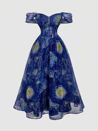 SHEIN MOD Plus Size Vintage Starry Night Painting Print Blue Dress, Retro Printed Off-Shoulder Dress, Party Dress, Women Holiday Outfit, Women's Set, Retro Floral Dress, Valentine's Day, Vintage Women's Wear, Spring Outfit, Women's Birthday Dress, Gothic Dress, Women's Party Dress, Women's Formal Floral Prom Dress, Women's Birthday Dress, Women's Cocktail Dress,Homecoming Dresses,Wedding Guest Dress Women