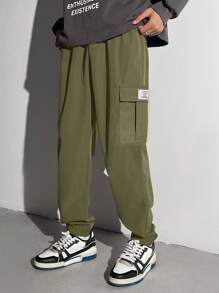 SHEIN 青少年男孩休闲工装口袋抽绳慢跑裤，灰色，百搭，适合日常穿着、上学穿着和所有季节穿着