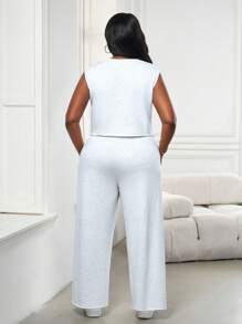 SHEIN PETITE CURVE 大码女式夏季纯色圆领背心和裤子休闲两件套 - 淺灰色 - 查看 2