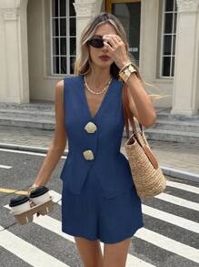 Serisse 2 pièces Ensemble de débardeur et short casual de couleur unie pour femme - Bleu marine - Voir 4