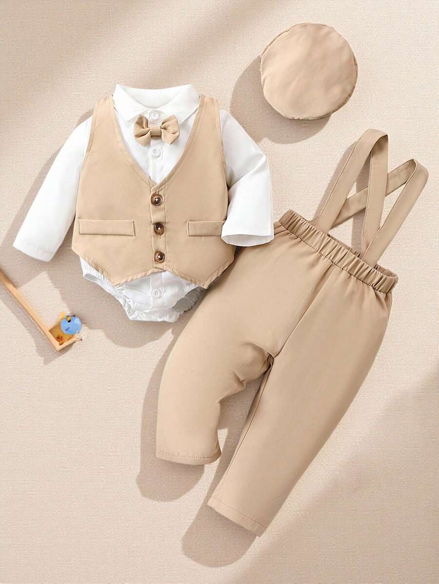 Souflis Souflis 4pcs/Set Toddler Boys Gentleman Style Bow Tie Shirt, Suspender, Khaki Pants, Autumn/Winter