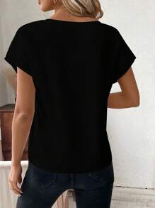 SHEIN Clasi 情人节修身缺口领短袖衬衫，带有心形印花，适合夏季情人节心形衬衫 - 黑色 - 查看 2