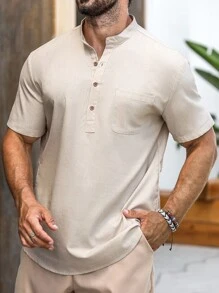 Manfinity CasualCool 男士纯色贴袋夏季休闲百搭短袖衬衫男士沙滩亚麻衬衫 - 米色 - 查看 4