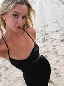 DAZY Sukienka letnia z wiązaniem i dopasowaną talią, nowa, imprezowa, na ramiączkach spaghetti, letnia, damska - Czarne - Zobacz 2