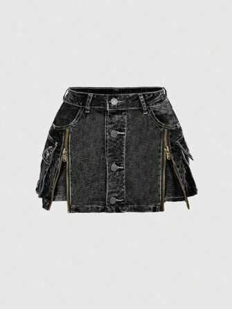 Kawaii Minifalda de mezclilla de cintura baja con lavado vintage y cremallera, talla grande estilo Y2K