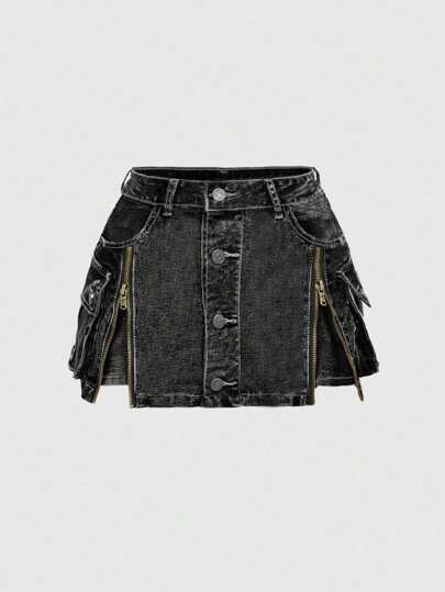 Kawaii Plus Size Y2K Zip-Up Vintage Washed Low Waist Mini Denim Skirt