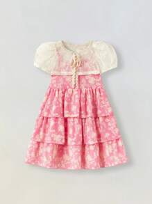 Maija Kids Maija Kids 2件套少女花卉层叠荷叶边吊带连衣裙（带防尘罩） - 粉色 - 查看 1