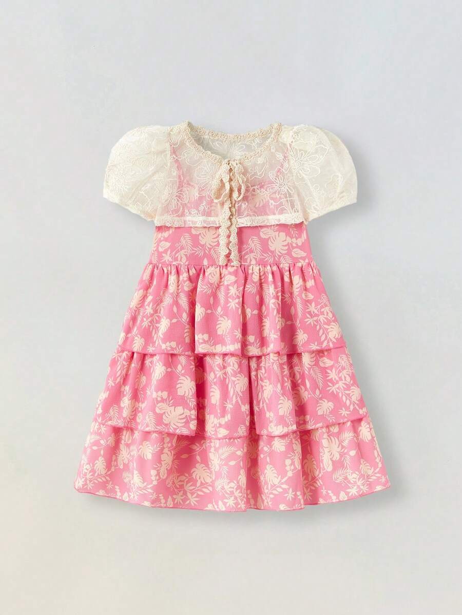 Maija Kids Maija Kids 2件套少女花卉层叠荷叶边吊带连衣裙（带防尘罩） - 粉色 - 查看 1