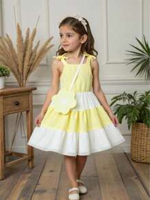 SHEIN Vintaside Kids فستان صيفي قصير ذو حمالات رفيعة بتصميم الطبقات اللونية الجميلة للفتاة الصغيرة