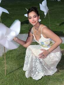 DAZY 女士度假花卉蕾丝长裙婚纱女士连衣裙超长连衣裙邮轮套装女士鸡尾酒礼服 - 白色 - 查看 3