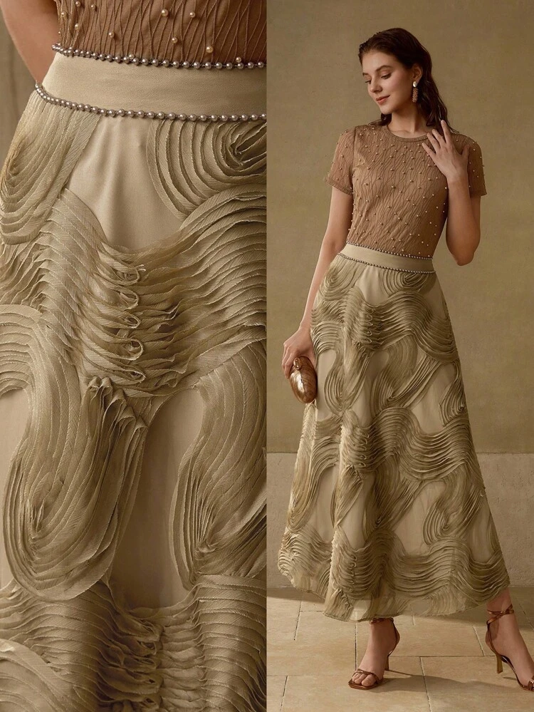 FALDA ACAMPANADA DE LÍNEA A DE GASA 3D CON FLORES DE ALTA GAMA Y DISEÑO DE CINTURA CON CUENTAS PARA MUJERES