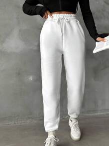 SHEIN PETITE Cotton Slant Pocket Drawstring Sweatpants - White - View 4