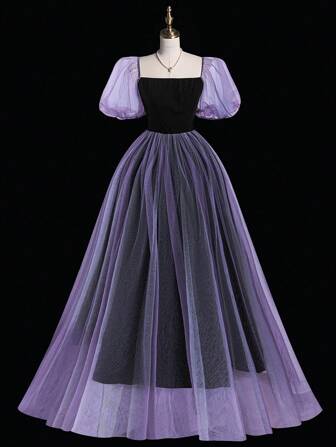 Sweetra 大码方领撞色可爱浪漫泡泡袖连衣裙