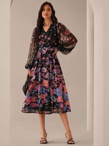 Lilora Women's Elegant Floral Print V-Neck Lantern Sleeve Dress, Floral Dress, Chiffon Dresses For Women, Kimono Dress, Floral Kimono Dress, Black Floral Dress - Black - View 3