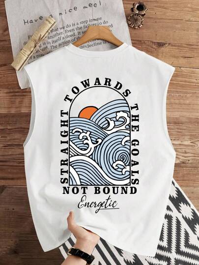 Manfinity Joysei Men's Casual Wave Pattern White Tank Top,  Suitable For Summer Sleeveless Graphic Tee