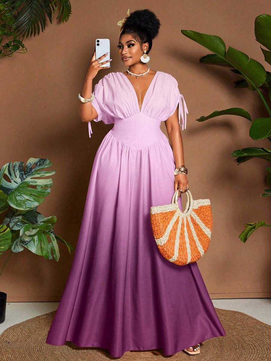 大码女式优雅渐变色印花系带蝴蝶结 V 领 A 字型超长连衣裙，配有短袖，百搭设计，适合外出、海滩、音乐节、春夏季 - 彩色 - 查看 1