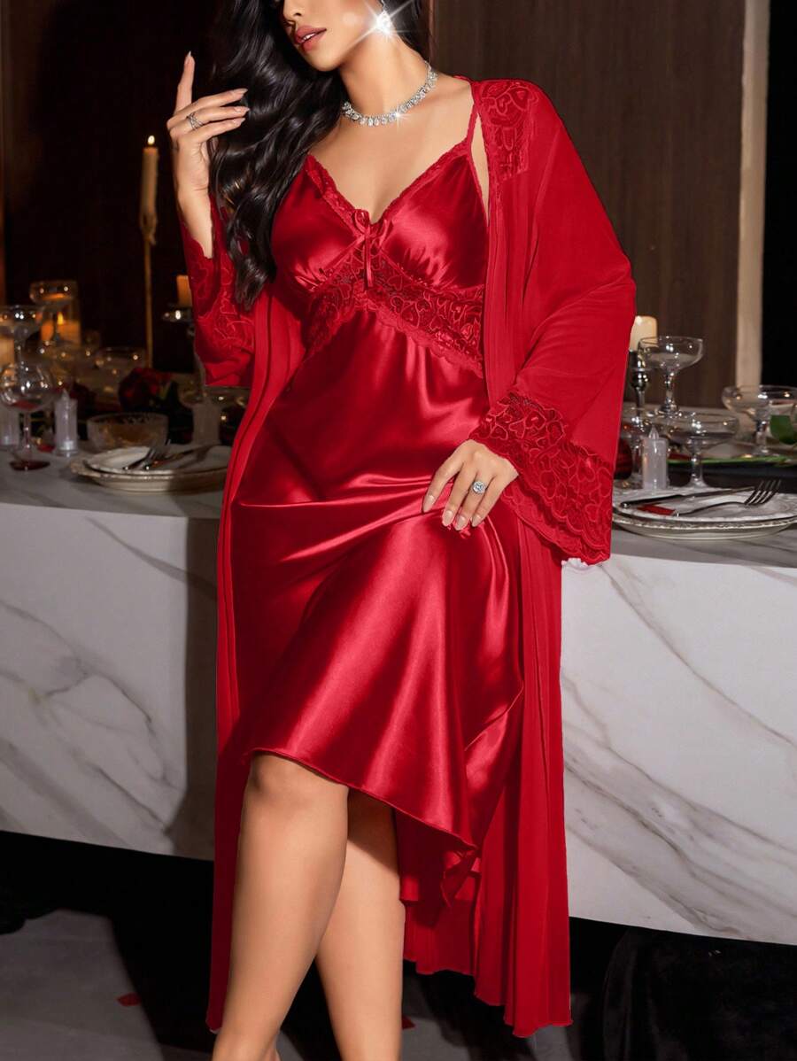 SHEIN 2pcs Plus Size French Elegant Lace Patchwork Robe & Nightgown Set Red Night Gown - Burgundy - View 1
