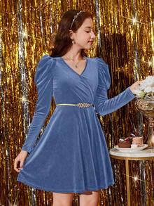 Vestido corto de terciopelo azul con escote en V y mangas farol para fiestas/graduación de chicas adolescentes - Celeste - Ver 3