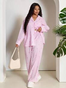 SHEIN PETITE CURVE Plus Size Women Striped Bow Print Long Sleeve Top And Pants 2 Pieces Set Old Money Outfits Two Piece Outfits For People Of Shorter Stature - Pink - View 5