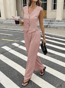 SHEIN Frenchy Women's Solid Color Single Breasted Vest And Pants Casual 2 Pieces Set Island Vacation Outfits Summer Pink - Pink - View 3