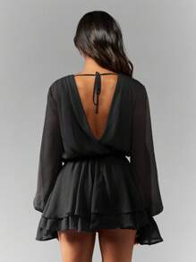 MISSGUIDED Long Sleeve Chiffon Mini Dress With Ruffled Tiered Skirt Cowl Neck Balloon Sleeves Open Back Party Evening Dress - Black - View 2