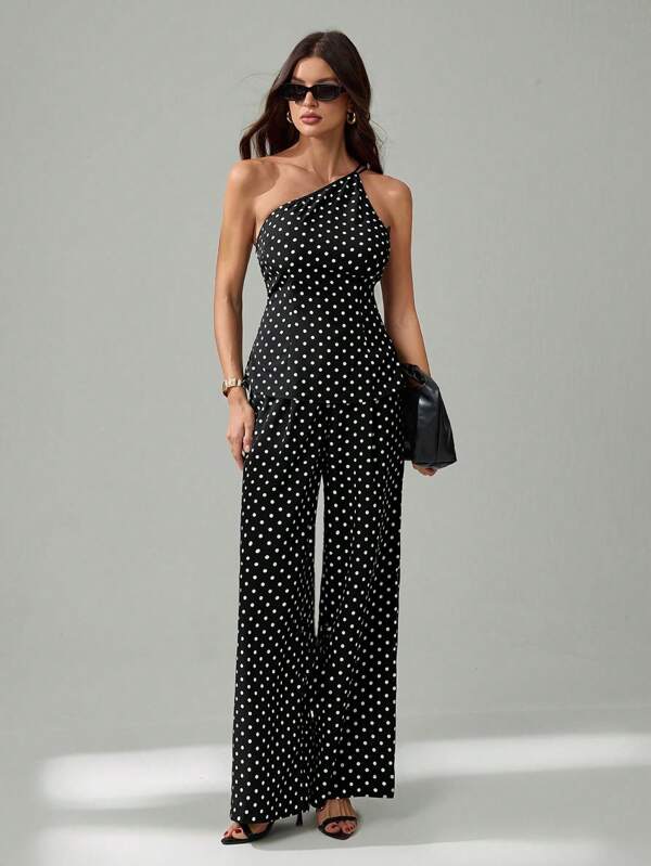 SHEIN Tall Set elegant de vară pentru femei, cu imprimeu cu buline, 2 piese, bluză și pantaloni