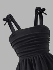 Elladie kids Girls Elegant Solid Color 3D Bow Pleated Shoulder Strap Cami Dress, Fashion Spring/Summer New Party/Occasion Wear Summer Holiday - Black - View 4