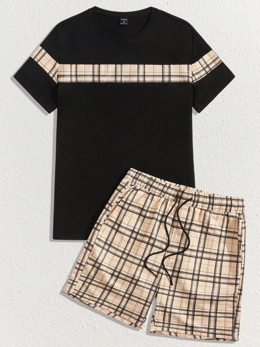 Manfinity BRENVOR Áo thun nam tay ngắn họa tiết kẻ caro & quần short cạp rút, trang phục mùa hè cổ điển, trang phục ấm áp - Nhiều màu - Xem 1