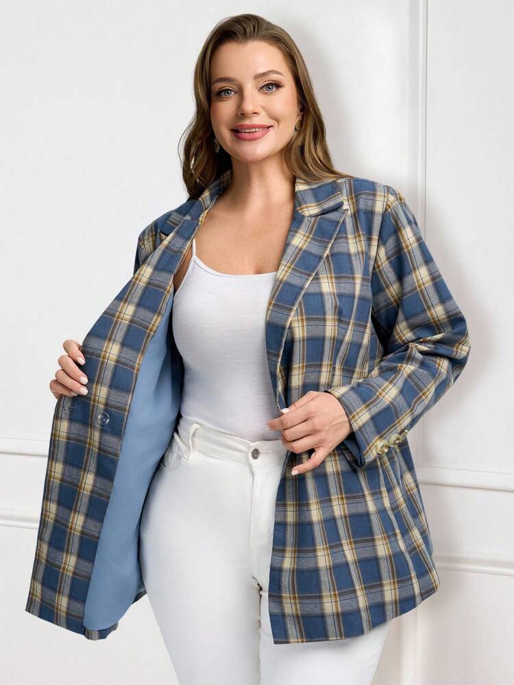 Blazer croisé à carreaux bleus avec poches pour femmes grandes tailles, simple et à la mode pour un port quotidien, sortie, automne/hiver, décontracté chic, bureau, enseignant