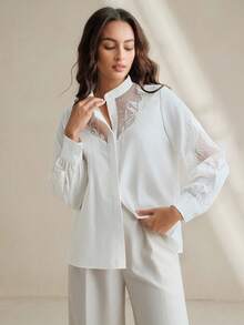 Anewsta Elegant Fashionable Sheer Mesh Embroidered Design White Blouse, Business - White - View 6