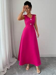 SHEIN Elenzya Đầm dài không tay màu trơn thanh lịch dành cho nữ, phong cách lãng mạn - Màu Hồng Tươi - Xem 8