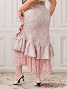 ROMWE EDITION Gonna stile vintage romantico a sirena per taglie forti da donna, in tessuto jacquard con catena di perle e rifiniture in pizzo - Rosa - Visualizzare 3