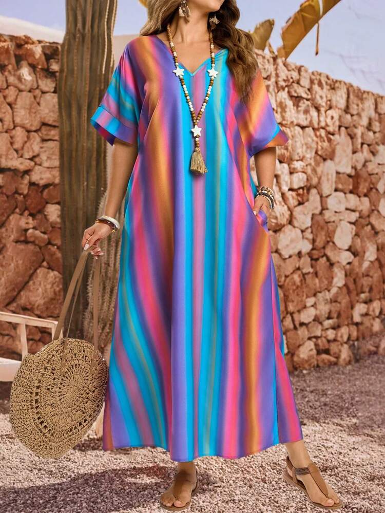 Plus Size Color Block Vertical Striped V-Neck Mid-Sleeve Rolled Hem Casual Loose Summer Dress,Summer Outfits For Women,Vacation Outfits  For Women,Holiday Outfits Boho