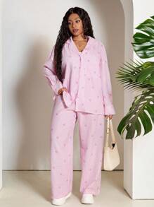 SHEIN PETITE CURVE Plus Size Women Striped Bow Print Long Sleeve Top And Pants 2 Pieces Set Old Money Outfits Two Piece Outfits For People Of Shorter Stature - Pink - View 3