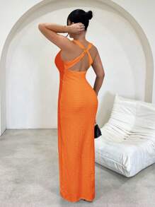 SHEIN SXY 1件性感黑色露背连衣裙 - 橘色 - 查看 2