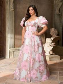 Aureia Vestido midi plus size elegante, luxuoso, de organza jacquard, com mangas bufantes, costas abertas e amarradas, adequado para casamentos, festas, férias, bailes, festivais de música e ocasiões formais (com bordados intensos) - Rosa - Ver 4