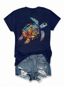 SHEIN Unity Plus Size Turtle Print Short Sleeve T-Shirt, Casual Summer - Navy Blue - View 2