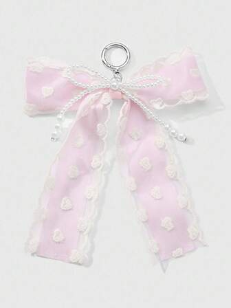 Kawaii 1 pièce Style coréen INS Délicate et douce Polyvalente Minimaliste Haut de gamme Fait main Perle blanche Dentelle brodée en filet Nœud ruban rose en forme de cœur Porte-clés DIY Charm de sac, Convient pour les femmes, Utilisation quotidienne, Cadeau de vacances