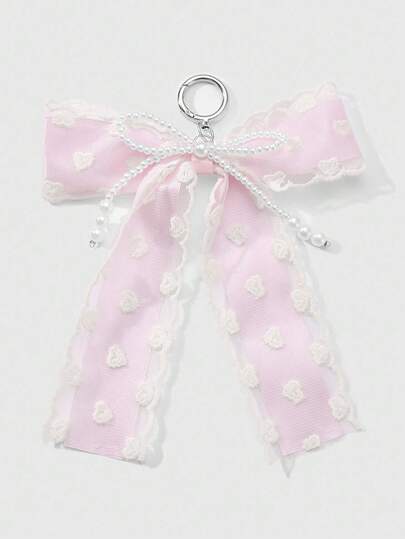 Kawaii 1pc INS Korean Style Delicate & Sweet Versatile Minimalist High-End Handmade Beaded White Faux Pearl Net Lace Embroidered Heart-Shaped Pink Ribbon Bow DIY Keychain Bag Charm, Suitable For Women, Daily Wear, Holiday Gift
