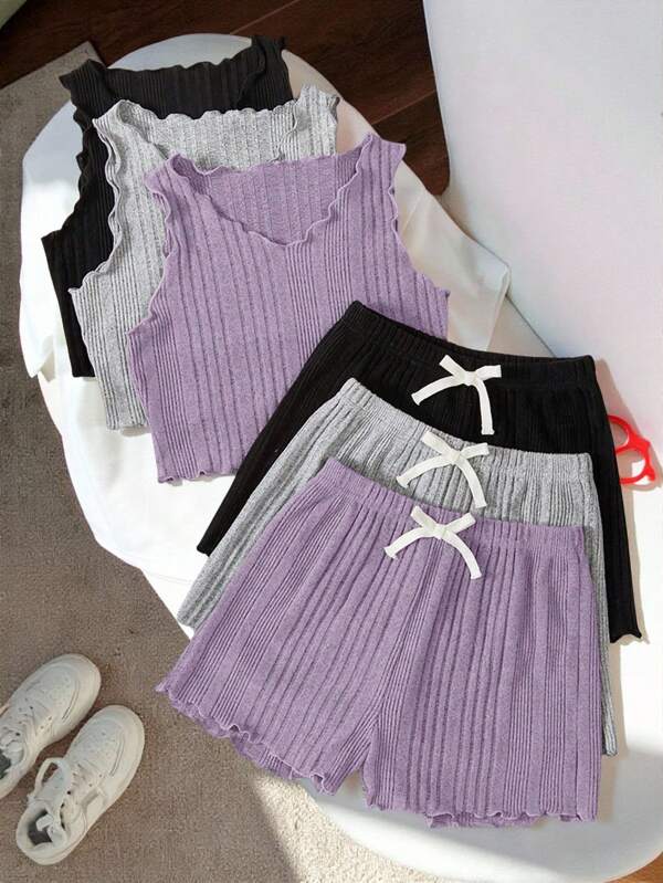 SHEIN Tween Girl Knitted Solid Color V-Neck Fitted Tank Top And Shorts Casual 3-Piece Set