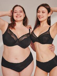LUVLETTE Plus Pełne pokrycie, wsparcie, oddychająca siateczka na fiszbinach, koronka, elegancki czarny biustonosz typu minimizer, seksowna bielizna - Czarne - Zobacz 8