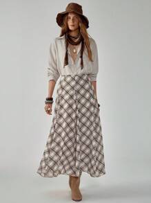 Florisole 女式复古蕾丝拼布休闲衬衫，适合秋季上学、办公室和日常穿着 - 卡其色 - 查看 3