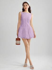 Enchnt Women Laser Cut Embroidery Button Decorated Ruffle Hem Sleeveless Dress - Mauve Purple - View 5