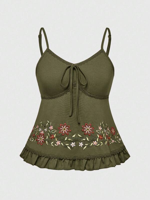 ROMWE Fairycore Women Floral Embroidery Bow-Tie Cami Tank Top