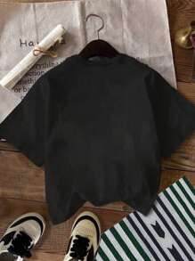 SHEIN Young Boy Casual Fashion Creative Ombre Green Letter Slogan Graphic Print Basic Short Sleeve Tee Sibling Matching Outfits Boy And Girl Big Brother Shirt Boys Little Brother Shirt Big Brother Outfits Big Kids Shirts Big Brother Little Brother Shirts Matching Brother Outfits - Black - View 2