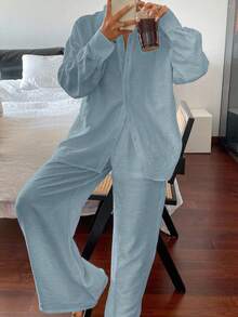 DAZY 女士宽松休闲长袖上衣，夏季新旧货币风格商务装 - 藍色 - 查看 4