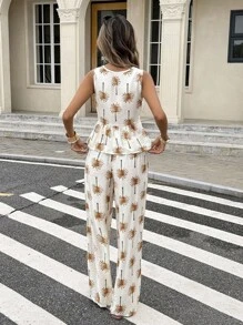 Serisse 2 Stücke/Set Damen Urlaubsresort Palmendruck Tiefer V-Ausschnitt Ärmellos Sommer Shirt und Hose Sommeroutfit für Damen Zweiteiler Damen Urlaubsoutfit Damen Strandoutfit für Sommer Urlaub Damen Resort Wear, Sommer Sets