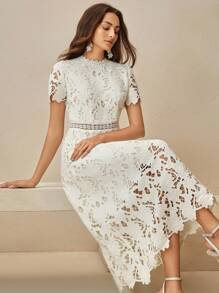 Anewsta Women's Elegant French Style Hollow Lace Embroidery Waist Dress, Summer - Apricot - View 3